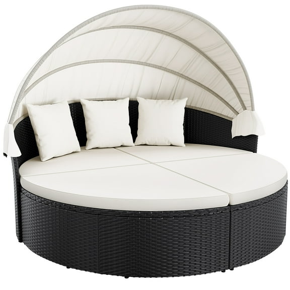 Vineego Patio Furniture Outdoor Round Daybed with Retractable Canopy Wicker Rattan Separated Seating Sectional Sofa for Patio Lawn Garden Backyard Porch Pool