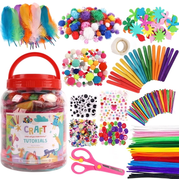CandWuom Crafts Supplies for Kids, 1000Pcs Pom Poms for Craft Kit Stuff Set with Pipe Cleaners for Kids Ages 4-8 Girls Boys Birathday Gifts