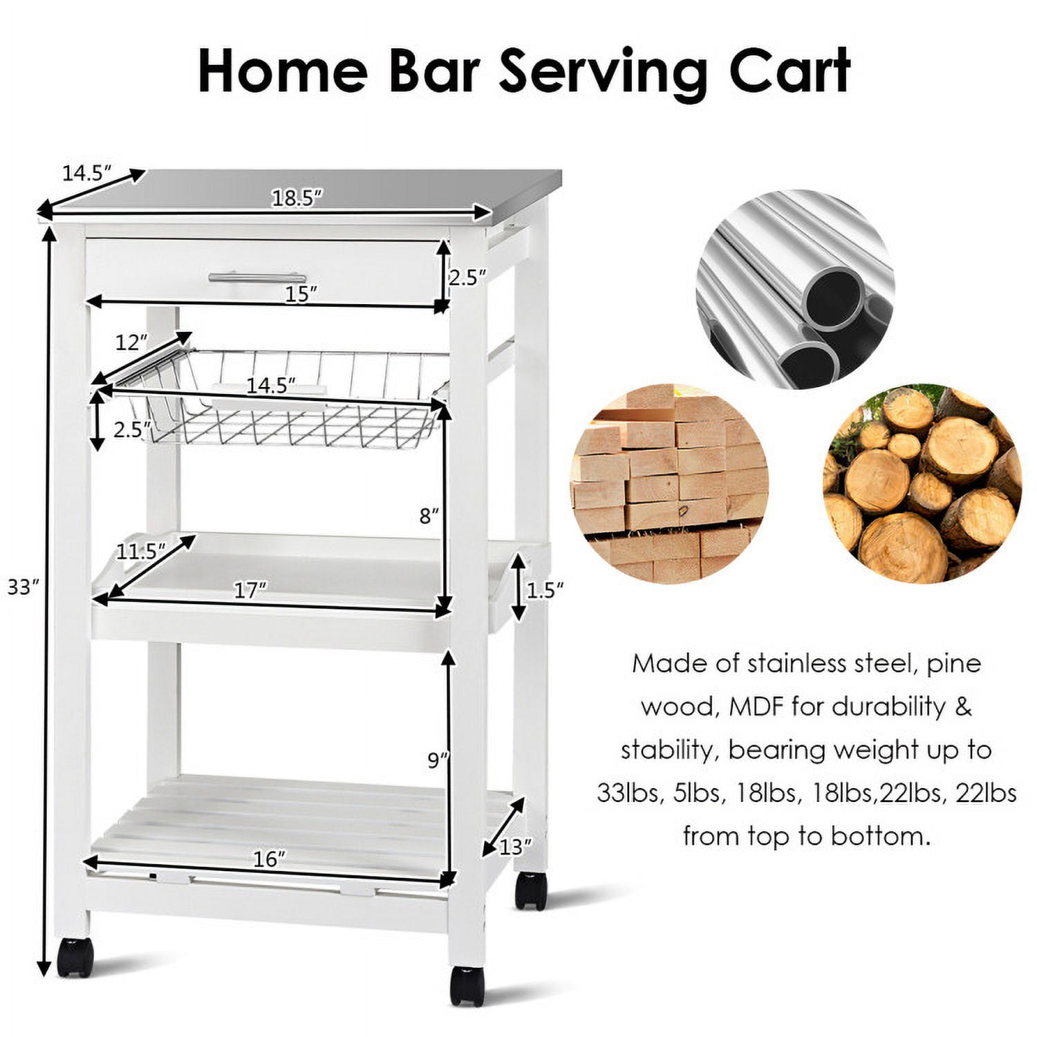 Finihen Rolling Cart, Kitchen Island Cart, Kitchen Island Cart with Stainless Steel Tabletop and Basket, for Kitchen, Dining Room, White Finihen Rolling Cart, Kitchen Island Cart, Kitchen Island Cart with Stainless Steel Tabletop and Basket, for Kitchen, Dining Room, White