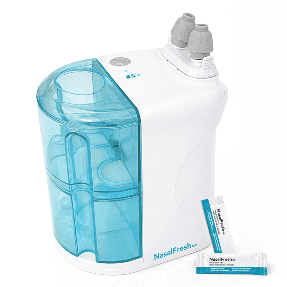 NasalFresh MD Dual Powered Nasal Irrigation System for Sinus Congestion and Snoring, 30 Saline Packets, Rechargeable, Self Cleaning