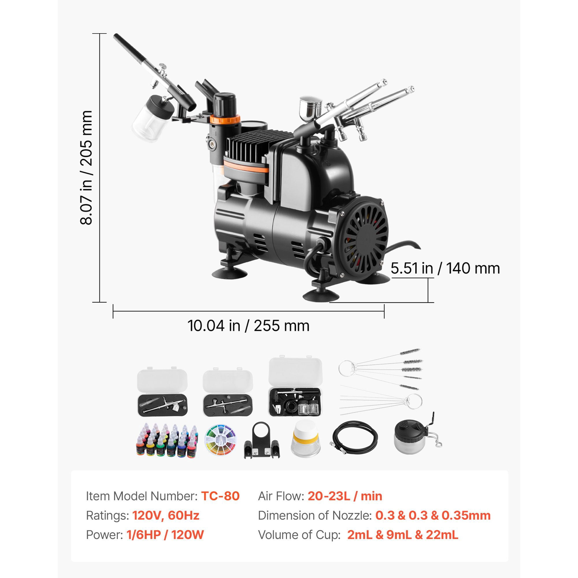 Airbrush Kit with Compressor, 1/6 HP, 3 Professional Dual-Action Airbrushes, Low Noise, for Cake Decorating, Nail Art, Model Painting, Includes Hose, Acrylic Paint, and Brush