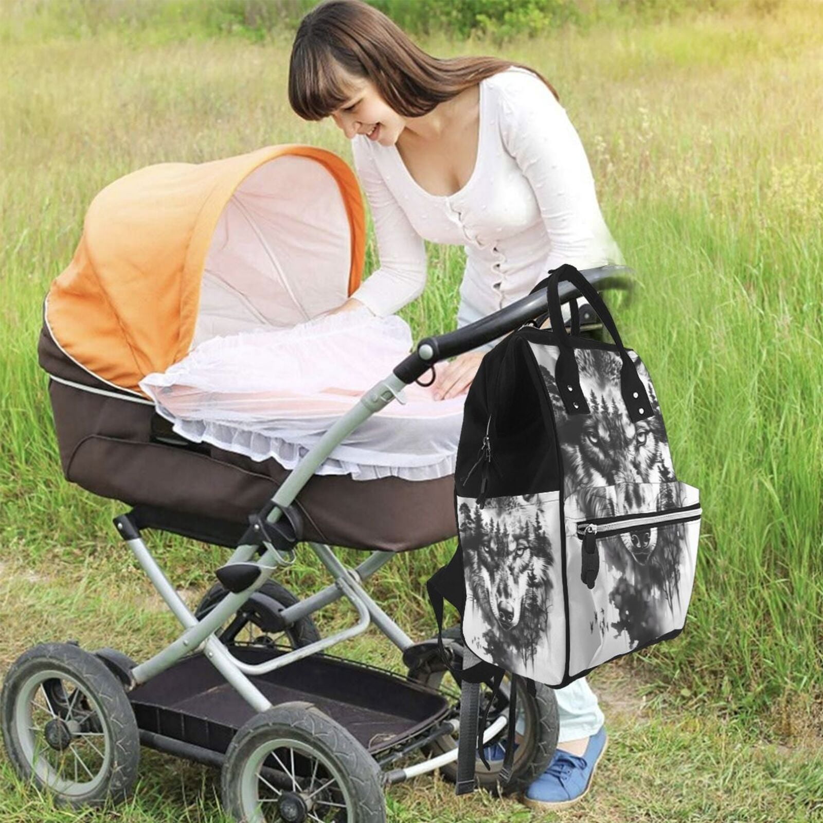 Ratiio Majestic Wolf Landscape Mummy Backpack - Waterproof Twill Canvas, Large Capacity Diaper Bag with Multiple Pockets and Adjustable Straps
