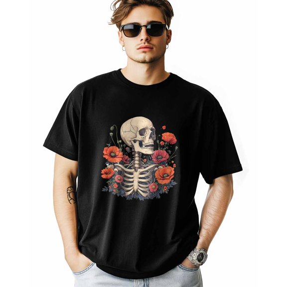 Men's T-Shirt Retro Flower Poppy Skeleton Skull Short Sleeve Casual Tee Classic Crew Neck T-Shirt for Men, XL