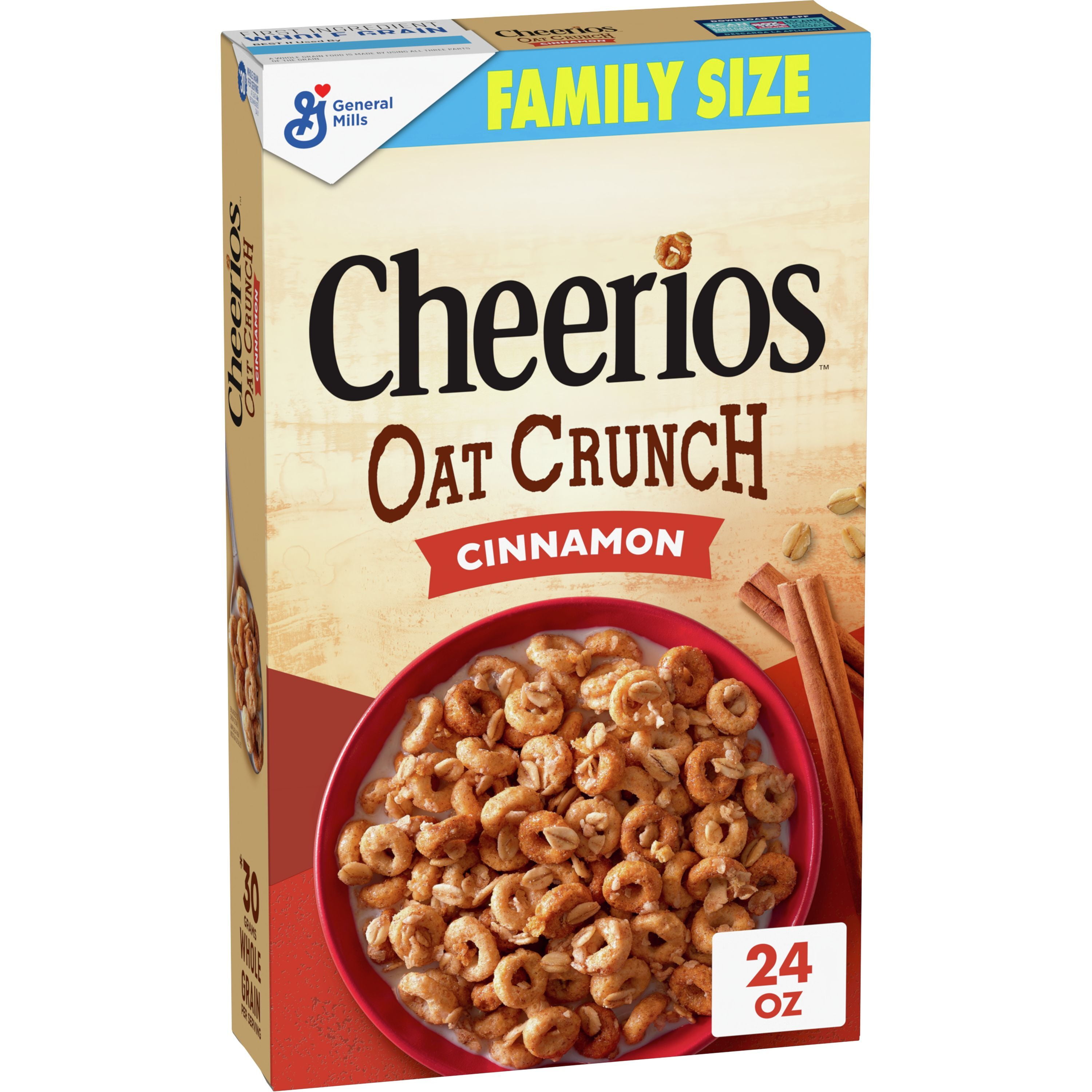 Cheerios Oat Crunch Cinammon Oat Breakfast Cereal, Family Size, 24 oz