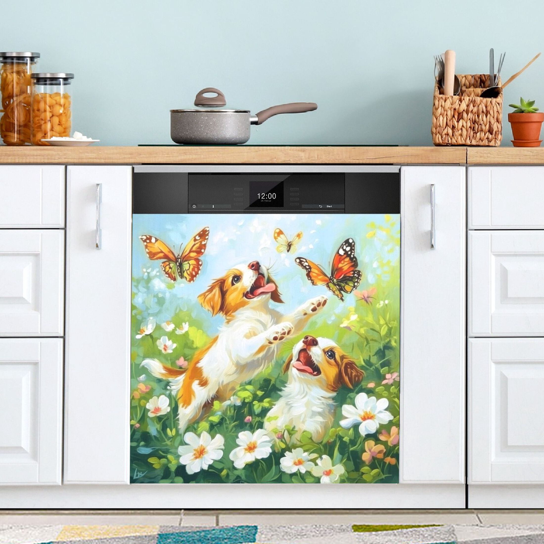 Dishwasher Magnetic Sticker 23x26 Inch Refrigerator Magnetic Sticker Washing Machine Magnetic Sticker Kitchen Panel Magnetic Sticker Home Decor Dogs and White Flowers