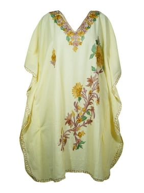 Mogul Women Beige Floral Caftan Dress V-Neck Kimono Resort Wear Mid Length Cover Up Resort Wear Kaftan 2XL