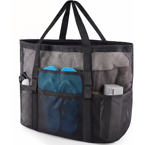 Mesh Beach Bag, Large Family Tote for Sand-Free Vacation Essentials. Lightweight Toy Organizer with 8 Pockets for Pool, Boat & Summer Travel