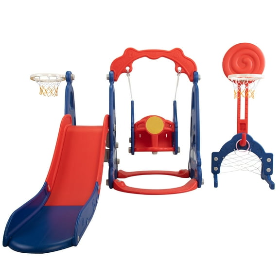 Cfowner 5-in-1 Toddler Climber and Swing Set, Climber Slide Playset with Football Gate, Basketball Hoops, Balls and Circles, Kids Playset for Indoor Outdoor Backyard