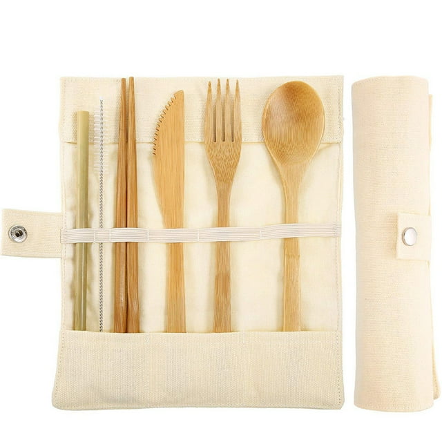SSZMDLB Ensemble de Couverts Réutilisables à Moins de 5 $, Ensemble d'Ustensiles de Voyage, Couverts Réutilisables avec Sac de Rangement pour Pique-Nique, Comprend Cuillère Fourchette Couteau Baguettes Paille, Kit Écologique Portable