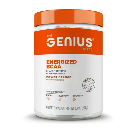 Genius BCAA Powder - 5g Vegan BCAAs L-Glutamine, Cognizin & Rhodiola Muscle Recovery Energy Support 100mg Caffeine Pre, Intra, Post-Workout Nootropic Supplement for Focus & Performance - Orange