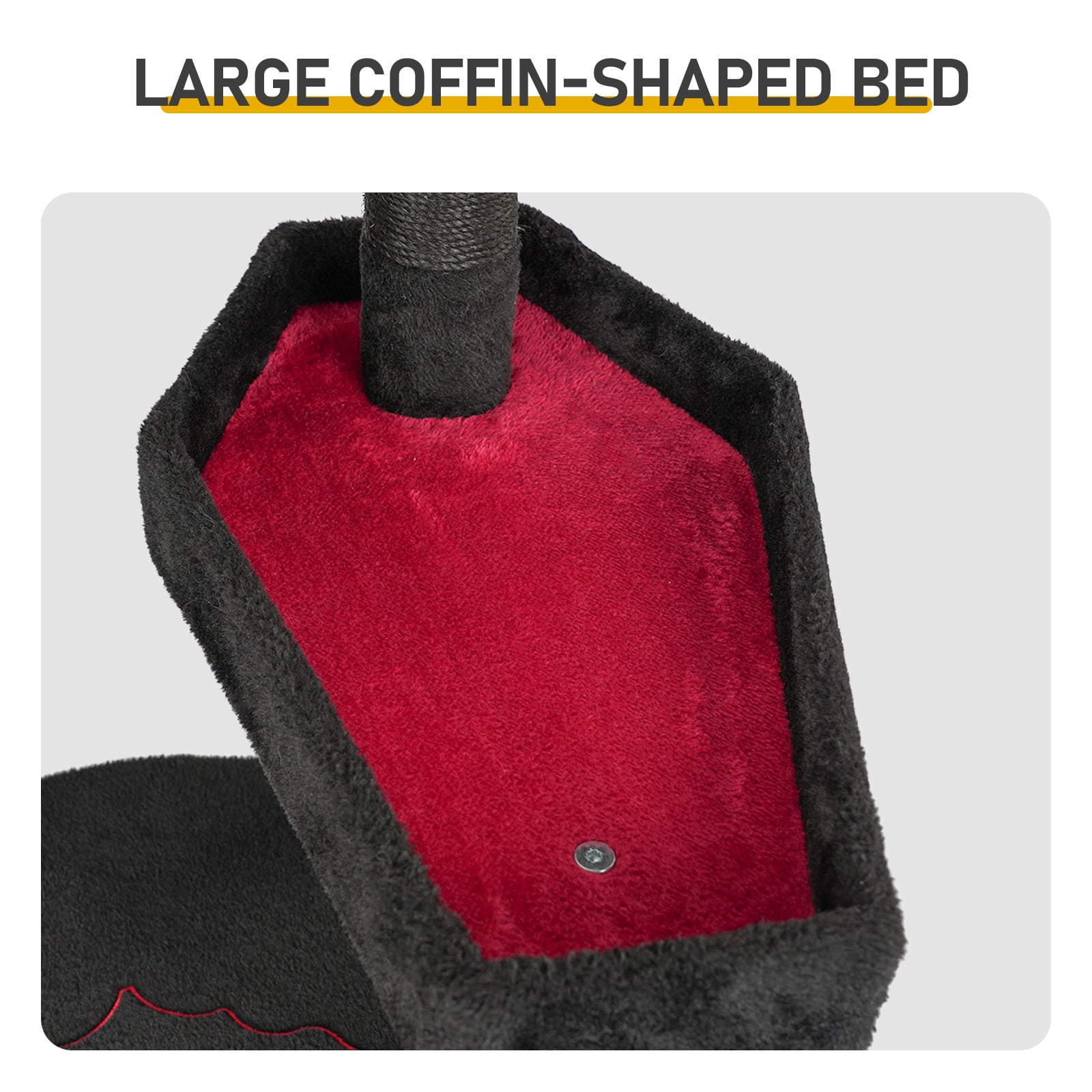 49in Gothic Cat Tree with Royal Throne Bed & Coffin-Shaped Perch, Black-Red Gothic Cat Tower with Scratching Posts & Alien Hanging Toy, Durable Sisal Scratching Posts