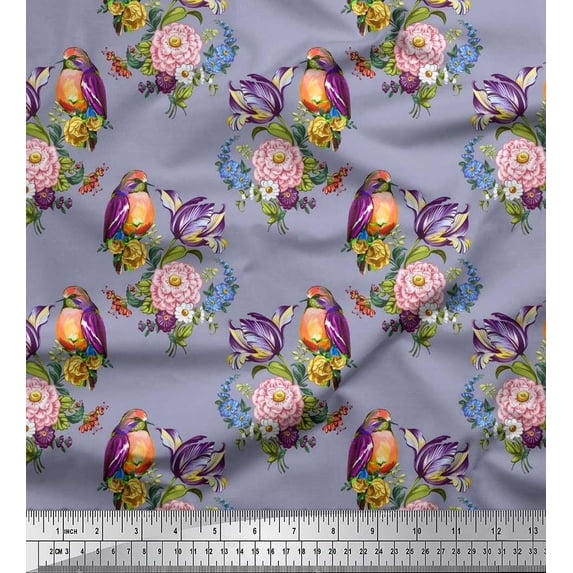 Soimoi Gray Modal Satin Fabric Leaves,Floral & American Robin Bird Print Sewing Fabric BTY 42 Inch Wide