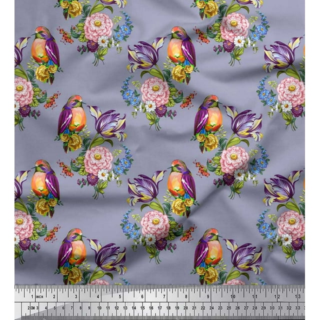 Soimoi Gray Polyester Crepe Fabric Leaves,Floral & American Robin Bird Decor Fabric Printed BTY 42 Inch Wide