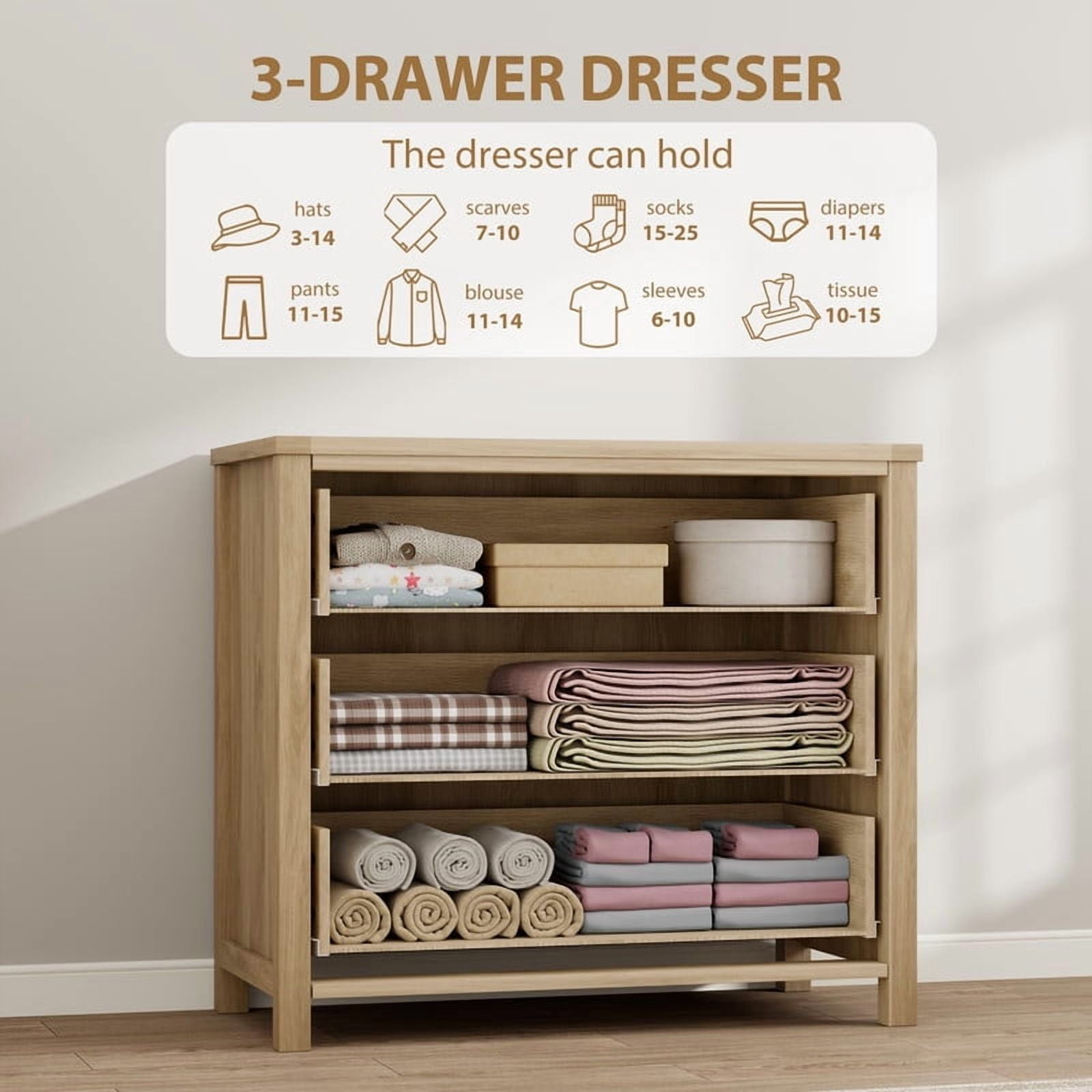 TROPOW 3 Drawer Dresser for Bedroom, Chest of Drawers, Modern Clothes Storage Cabinet & Wood Vertical Drawer Organizer for Living Room, Hallway, Nursery, Brown