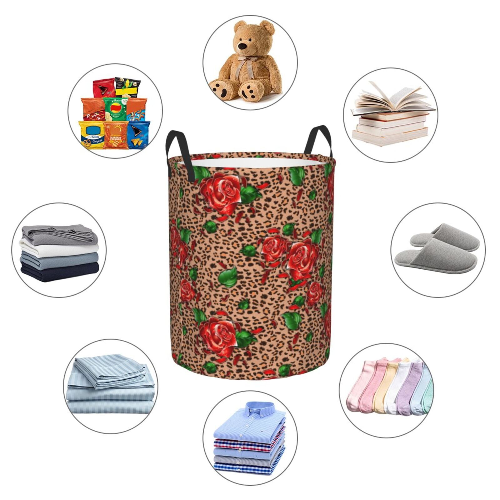 Large Laundry Basket with Handles - Rose Mix Leopard 1 Kids Baby Dirty Clothes Laundry Hamper for Bedroom Aesthetic