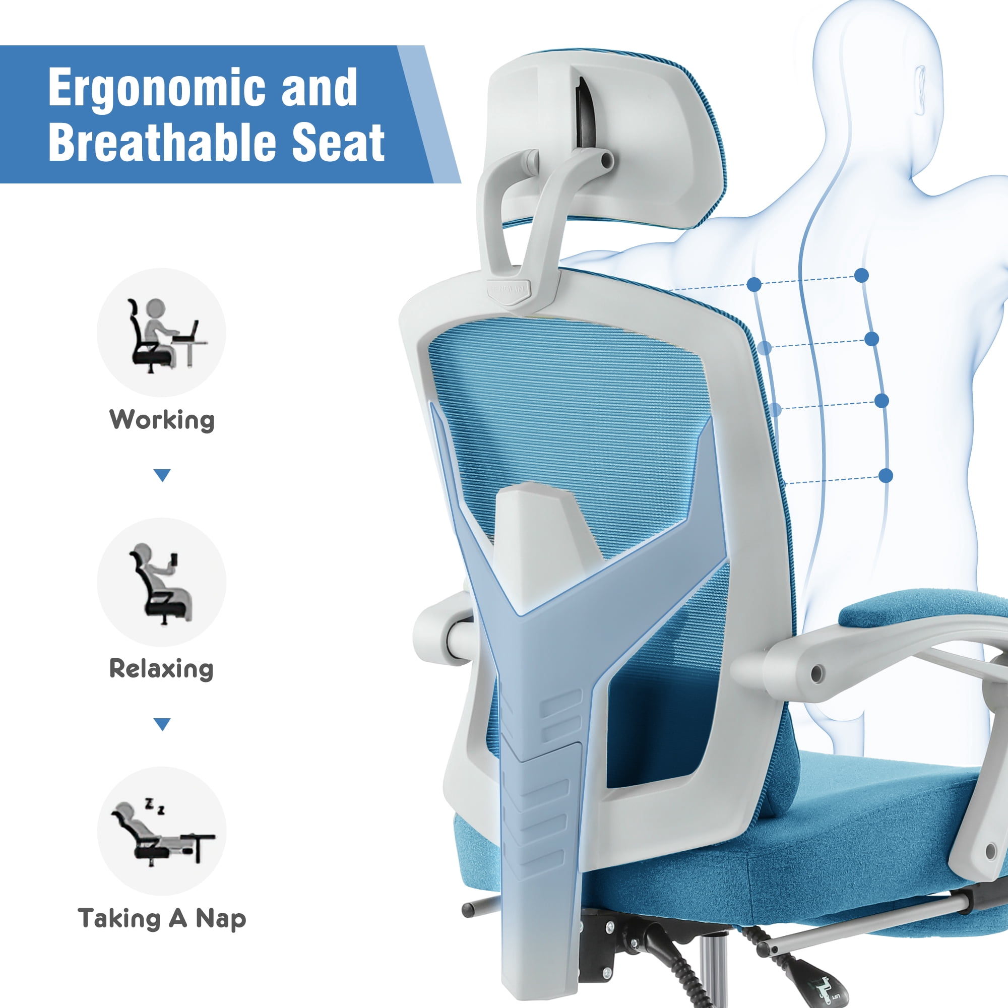 CONCETTA Ergonomic High Back Mesh Office Chair with Headrest, Footrest, Armrests for Adults, Blue