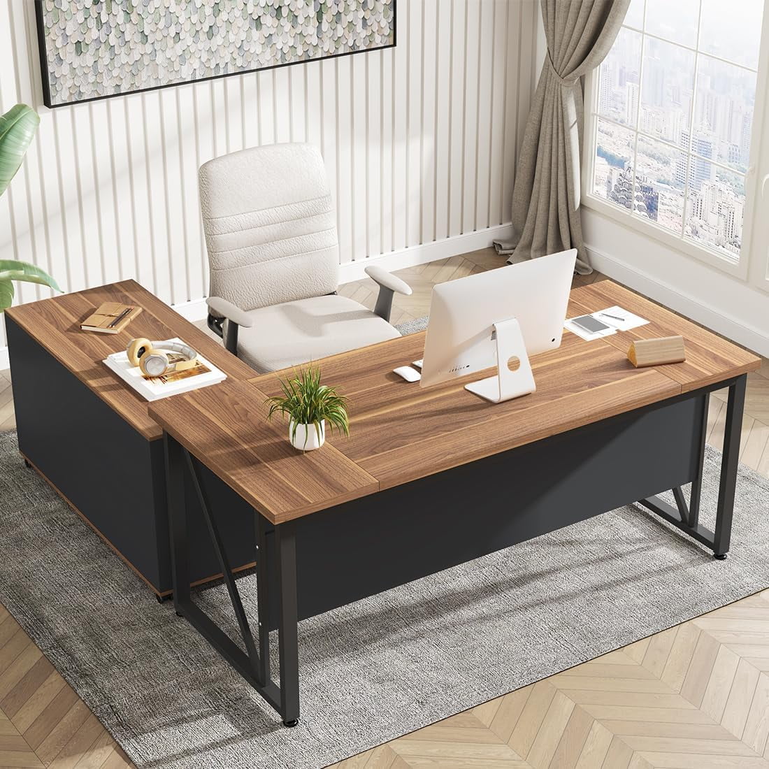 Tribesigns 63 Inch L Shaped Executive Desk and 47" Lateral File Cabinet, Home Office Business Furniture with Drawers and Storage Cubes, Walnut and Black