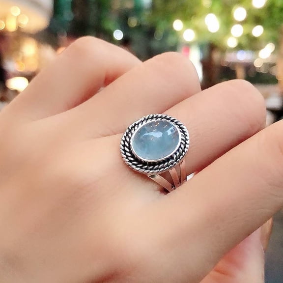 ELANZAA JEWELS- Aquamarine Ring - Handmade Oval Gemstone Sterling Silver, Dainty Boho Style Jewelry Gift for Her