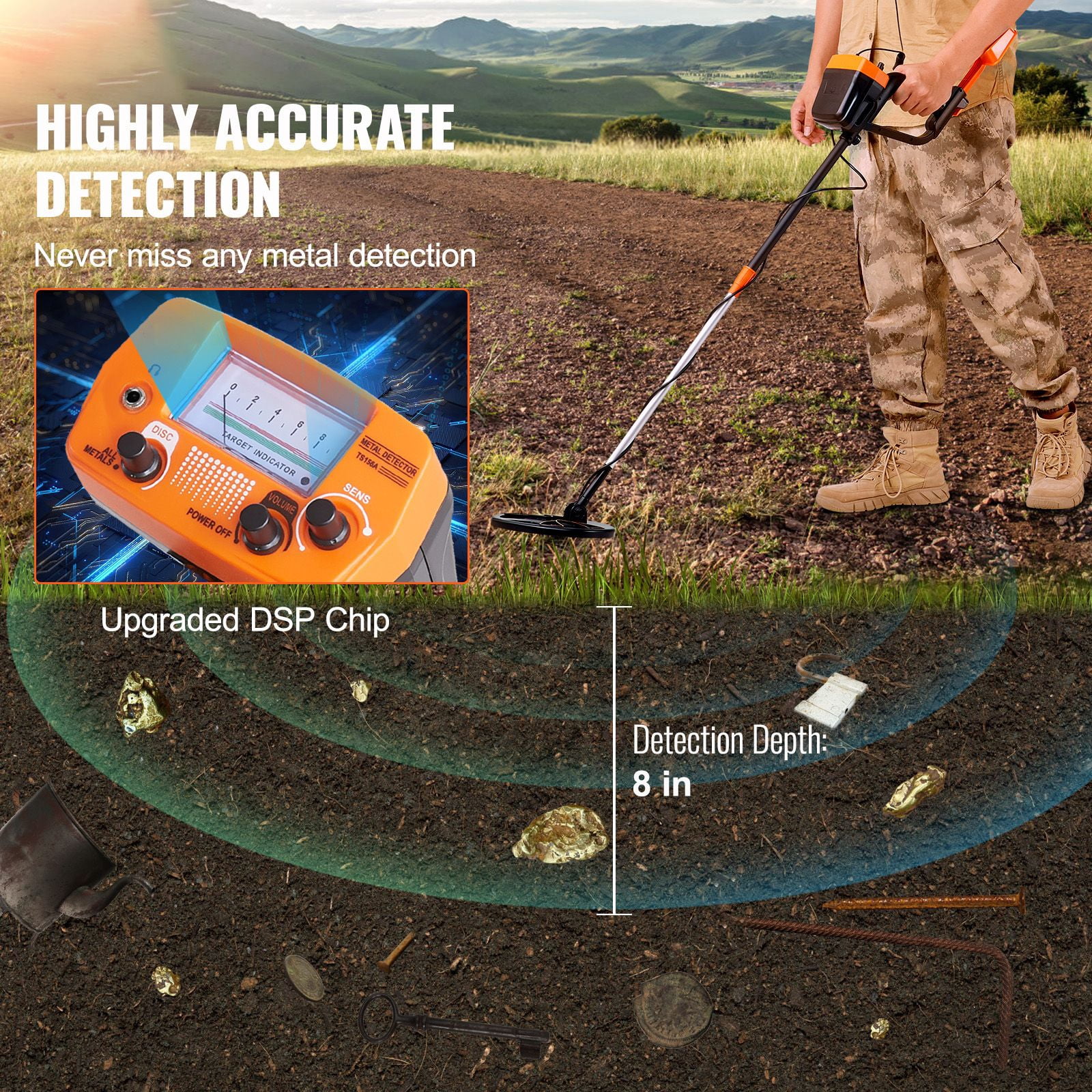 8-Inch Professional Metal Detector with LCD Display, 2 Detection Modes, IP68 Waterproof Coil, Adjustable 38-49" Handle, Headphone & Shovel Included