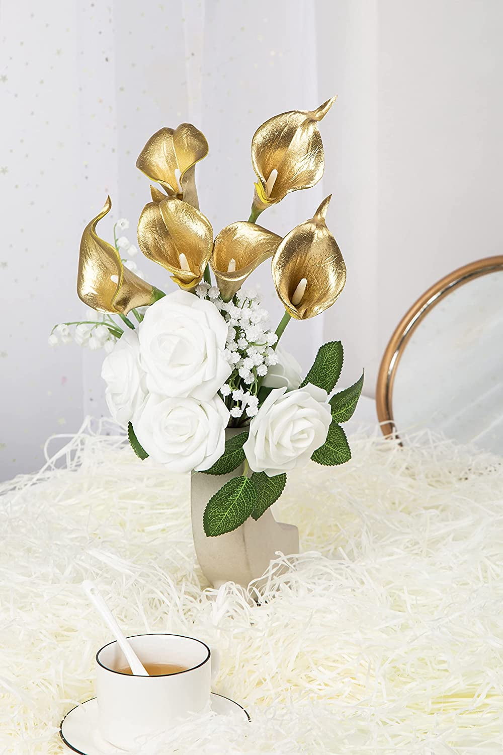 10pcs Fake Calla Lily Flowers Real Touch Latex Artificial Calla Lilies Flowers for Home Wedding Bouquet Baby Shower Centerpieces Party Decor (Gold)
