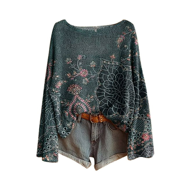 Chandail pour Femmes Chandail Imprimé Artistique Décontracté Tricot Chandail pour Femmes Mode Manches Longues Col Rond Blouse Hiver Chaud Couche Haut, Chandail pour Femmes TG