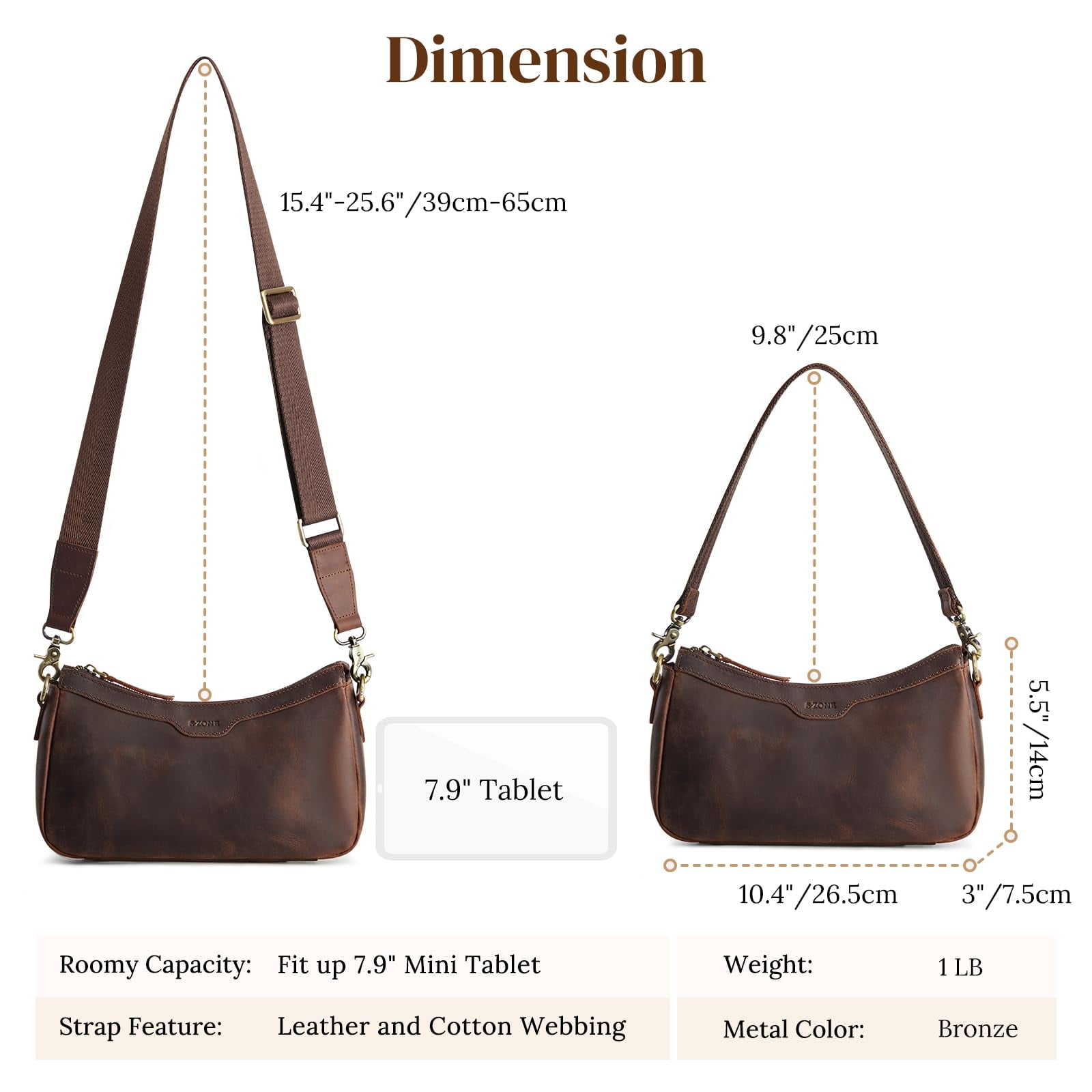 S-ZONE Leather Shoulder Bag for Women Small Crossbody Bags Hobo Purses with 2 Straps