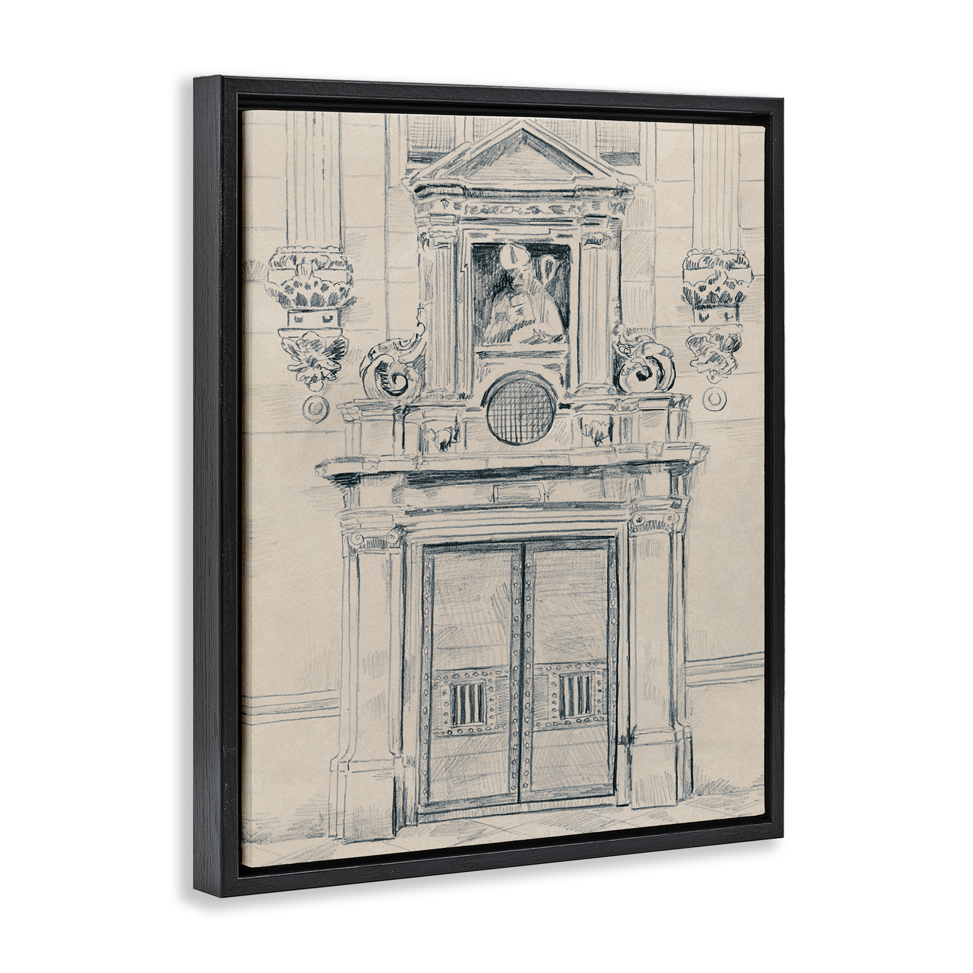 Stupell Industries Detailed Architecture Door Town & City Drawing Black Floater Framed Art Print Wall Art, 25 x 31