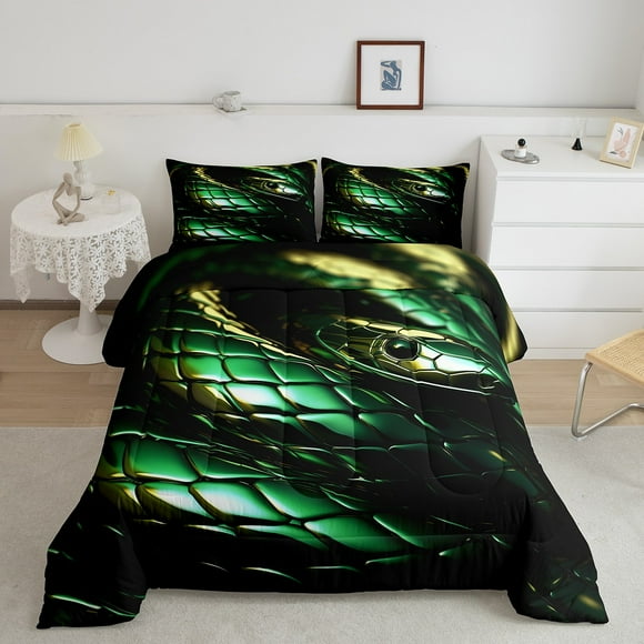 YST Green Snake King Comforter Set Teenage Adult Animal Bedding Sets Wild Reptile Down Comforter Skin Bed Set Neon Green Scales Quilted Comforter Green Decoration,Cozy 3 Piece
