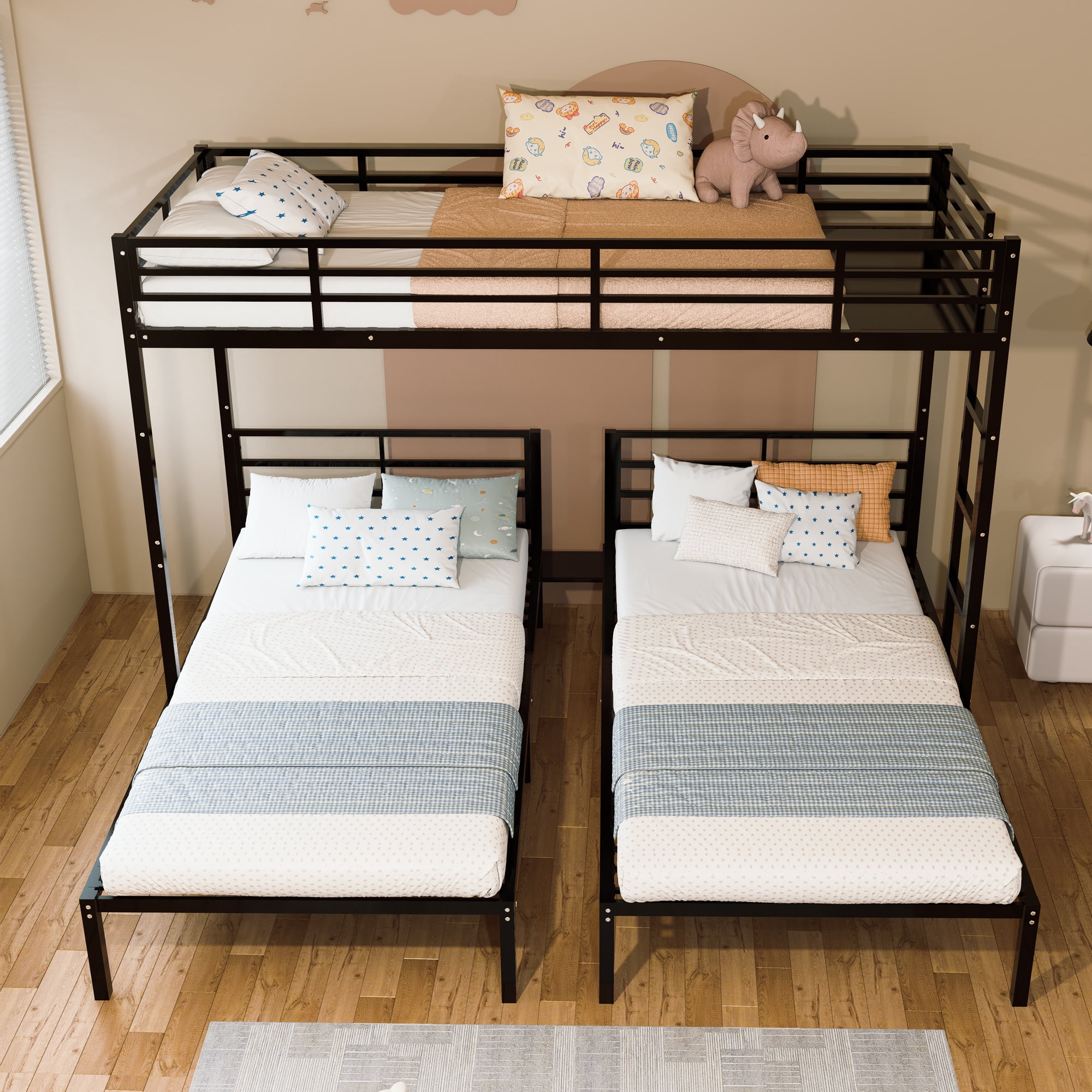 Metal Triple Bunk Bed, Twin Over Twin Over Twin Bunk Bed Frame with Guardrails and Ladder, Heavy Duty Separates Into 3 Individual Beds, Space-Saving Guest Ready Solution for Bedroom Dormitory, Black