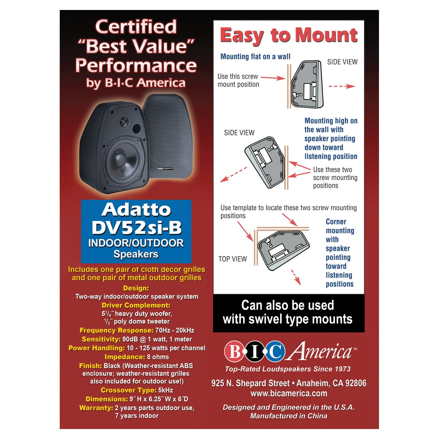 BIC America ADATTO 125-Watt 2-Way 5.25-Inch Indoor/Outdoor Speakers with Keyholes for Versatile Mounting (Black)