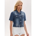 thumbnail image 7 of DARING DIVA Women's Short Sleeve Button Up Ripped Frayed Cropped Jean Jacket S Blue, 7 of 7