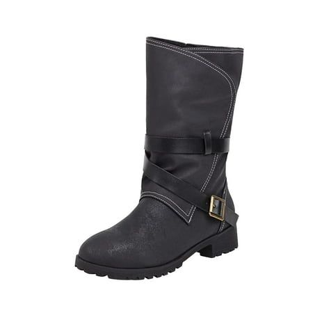 

KBKYBUYZ Women Shoes Stylish Belt Buckle Solid Color Anti-skid Mid Heels Casual Warm Wear-resistant Slip-on Fleece Cowboy Boots