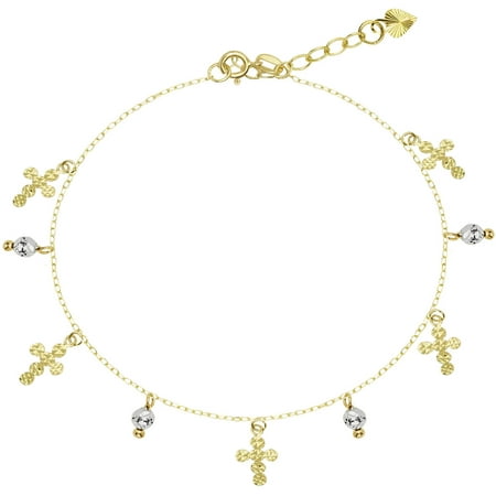 American Designs 14kt Yellow & White Gold Two-Tone Diamond-Cut Cross, Religious, Bead/Ball, Charm Dangle Two-Tone Bracelet 7-8 Chain Adjustable
