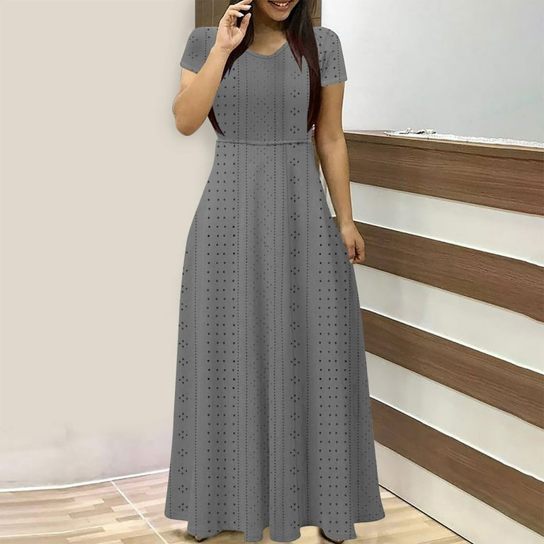 Atogsazn Wedding Guest Dresses for Women Summer Casual Solid Color Short  Sleeved V-neck Maxi Dress Plus Size Dresses for Curvy Women Gray L -  Walmart.com