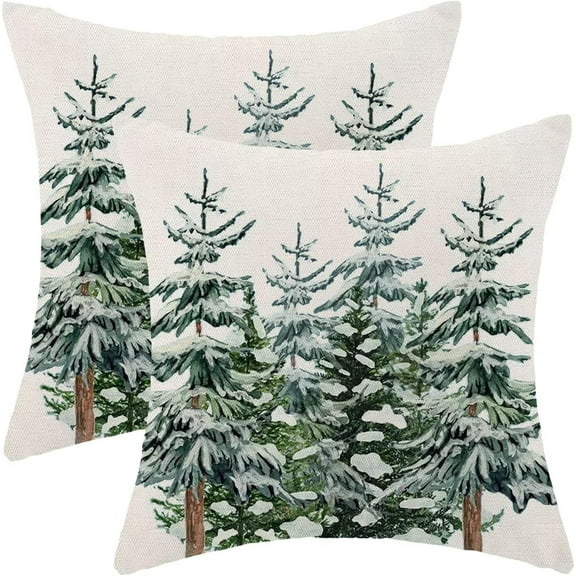 Christmas Pillow Covers 16x16 Inch Set of 2, Watercolor Christmas Tree Decorative Throw Pillowcase Outdoor Farmhouse Merry Christmas Cushion Cover for Sofa Couch Living Room Bed Decor