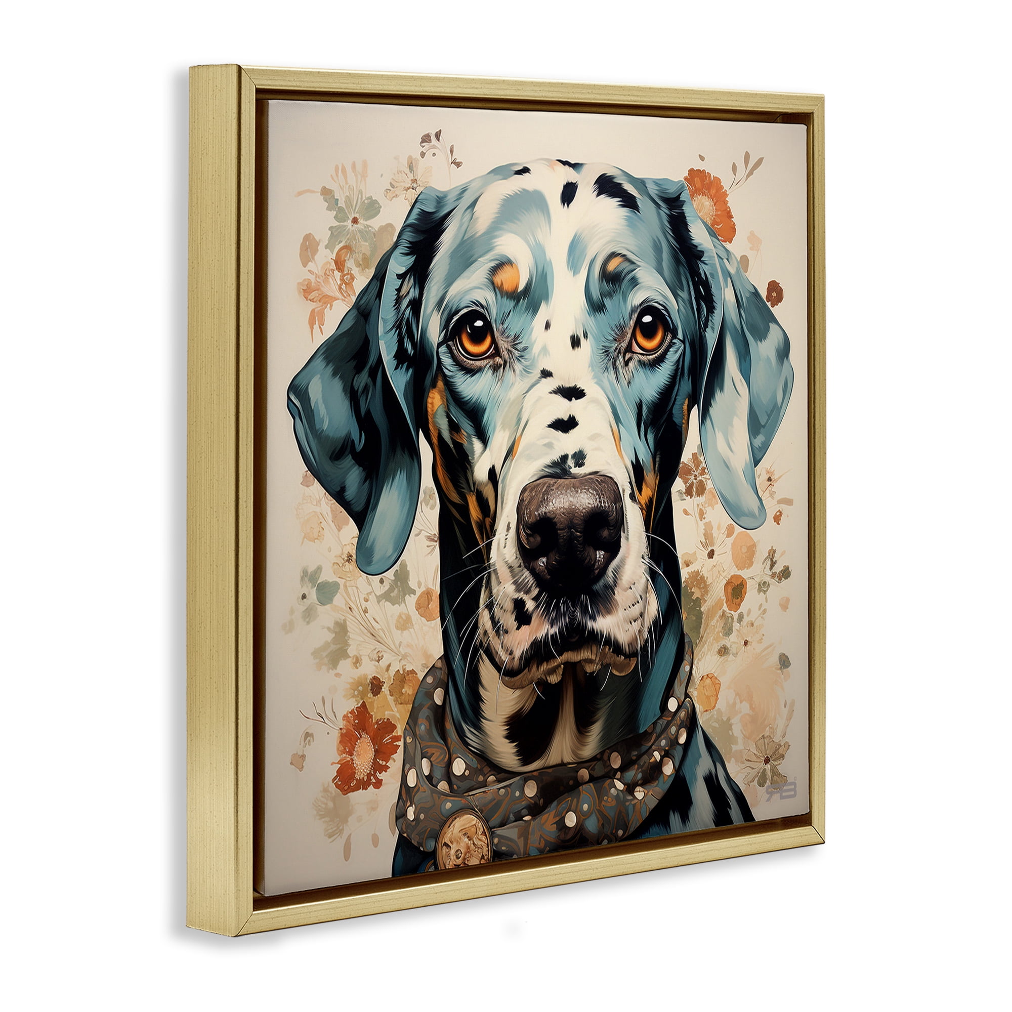 Stupell Industries Dog Portrait with Paint Splatter Animals & Insects Painting Gold Floater Framed Canvas Art Print Wall Art, 25 x 25