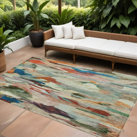 HomeRoots 603129 9 x 12 ft. Green, Teal Blue & Terra Cotta Abstract Washable Indoor & Outdoor Rectangle Area Rug