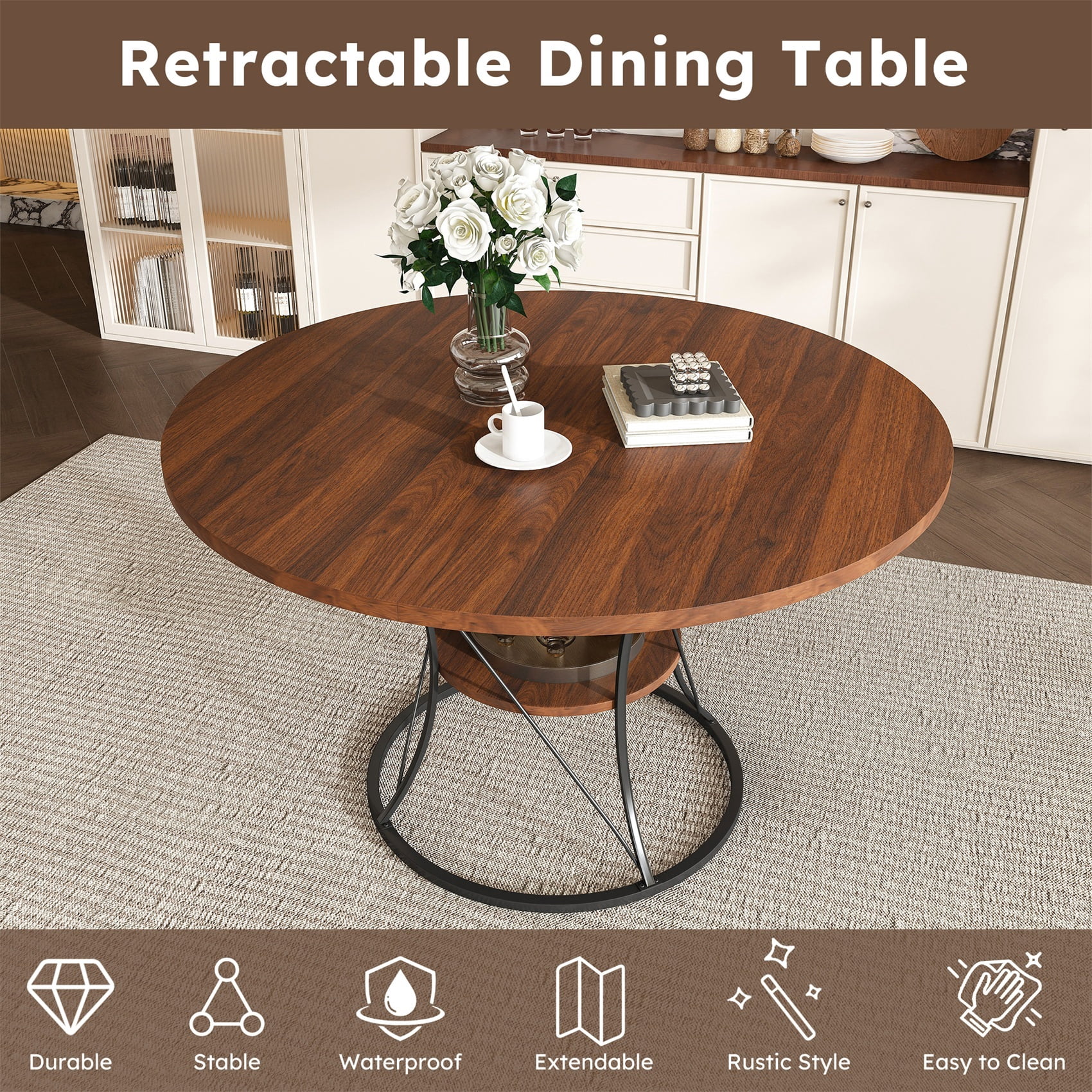 Alvantor Extendable Round Dining Table for 4-6 People, Modern Wood Farmhouse Table with Storage Shelf & Metal Base Perfect for Small Space Walnut