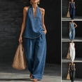 thumbnail image 2 of Quixlent Halter Denim Set for Women Sleeveless Tank Top And Wide Leg Pants Lounge Sets Summer Casual Two Piece Outfits with Pockets, 2 of 8