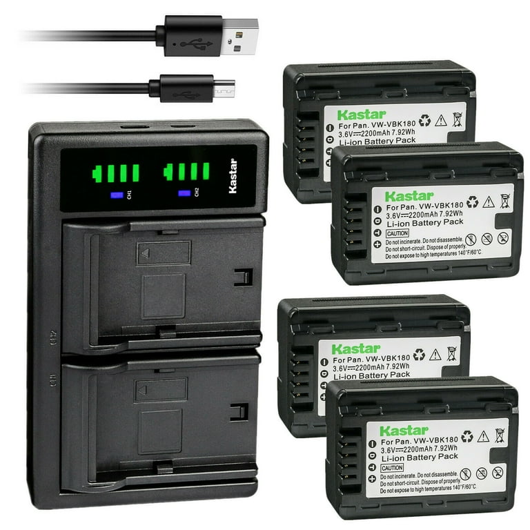 Kastar 4-Pack VW-VBK180 Battery and LTD2 USB Charger Replacement for  Panasonic HDC-TM60P, HDC-TM60PC, HDC-TM70, HDC-TM80, HDC-TM80GK, HDC-TM80K, 