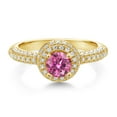thumbnail image 2 of Gem Stone King 18K Yellow Gold Plated Silver Pink Moissanite and White Moissanite Engagement Ring for Women (1.06 Cttw, Round 5MM, Available in Size 5, 6, 7, 8, 9), 2 of 6