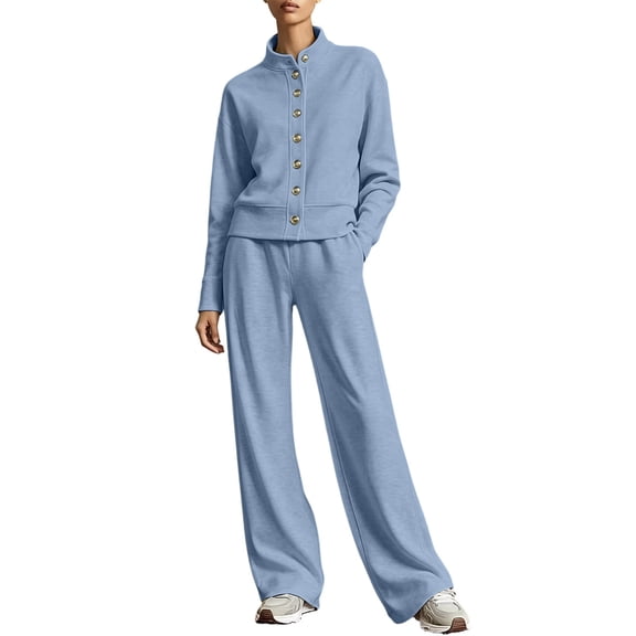 Enjoytime Womens 2 Piece Outfits Stand Collar Button Down Sweatshirt Wide Leg Pants Matching Sets Travel Casual Loungewear
