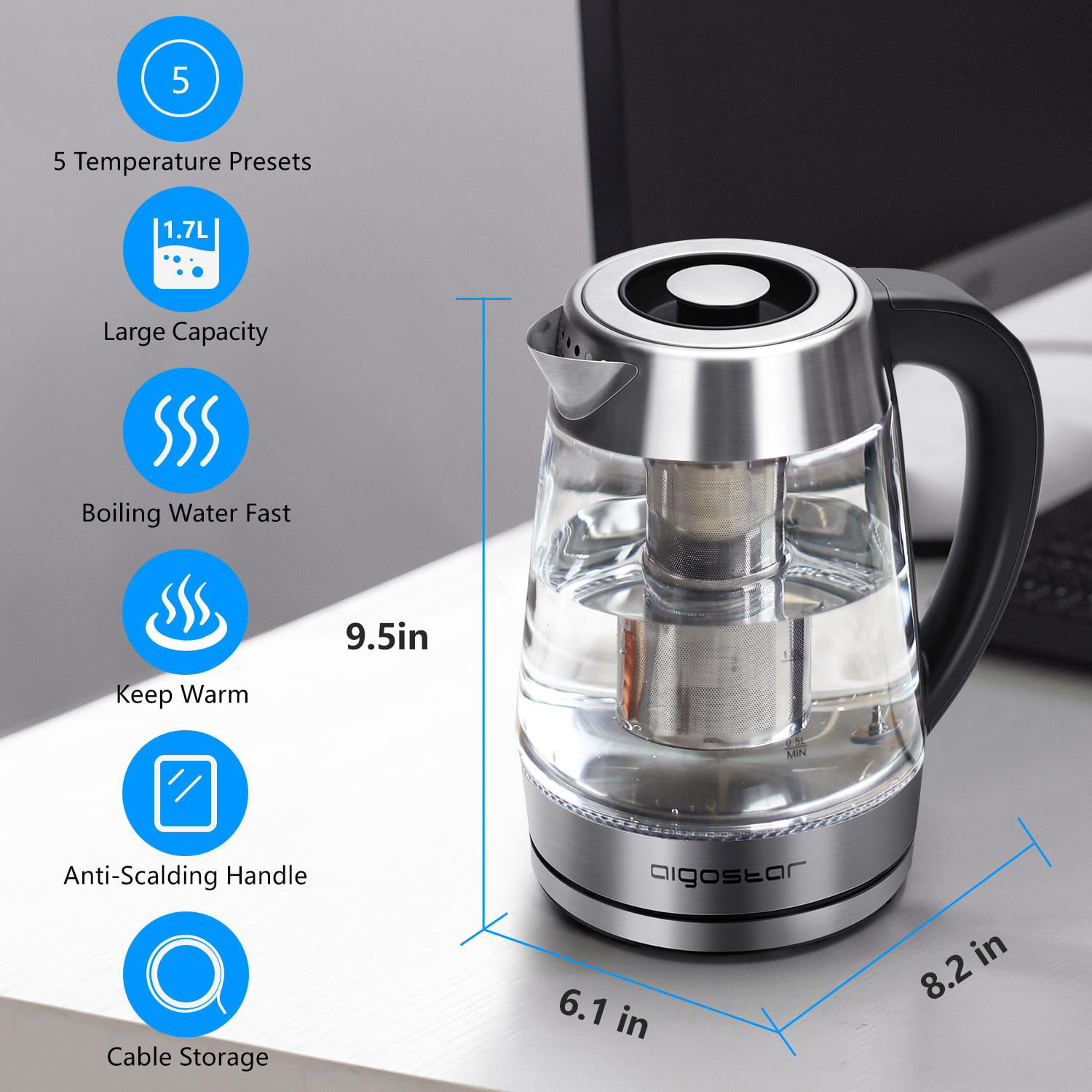 ALROCKET 1200W Electric Kettle Temperature Control with LED