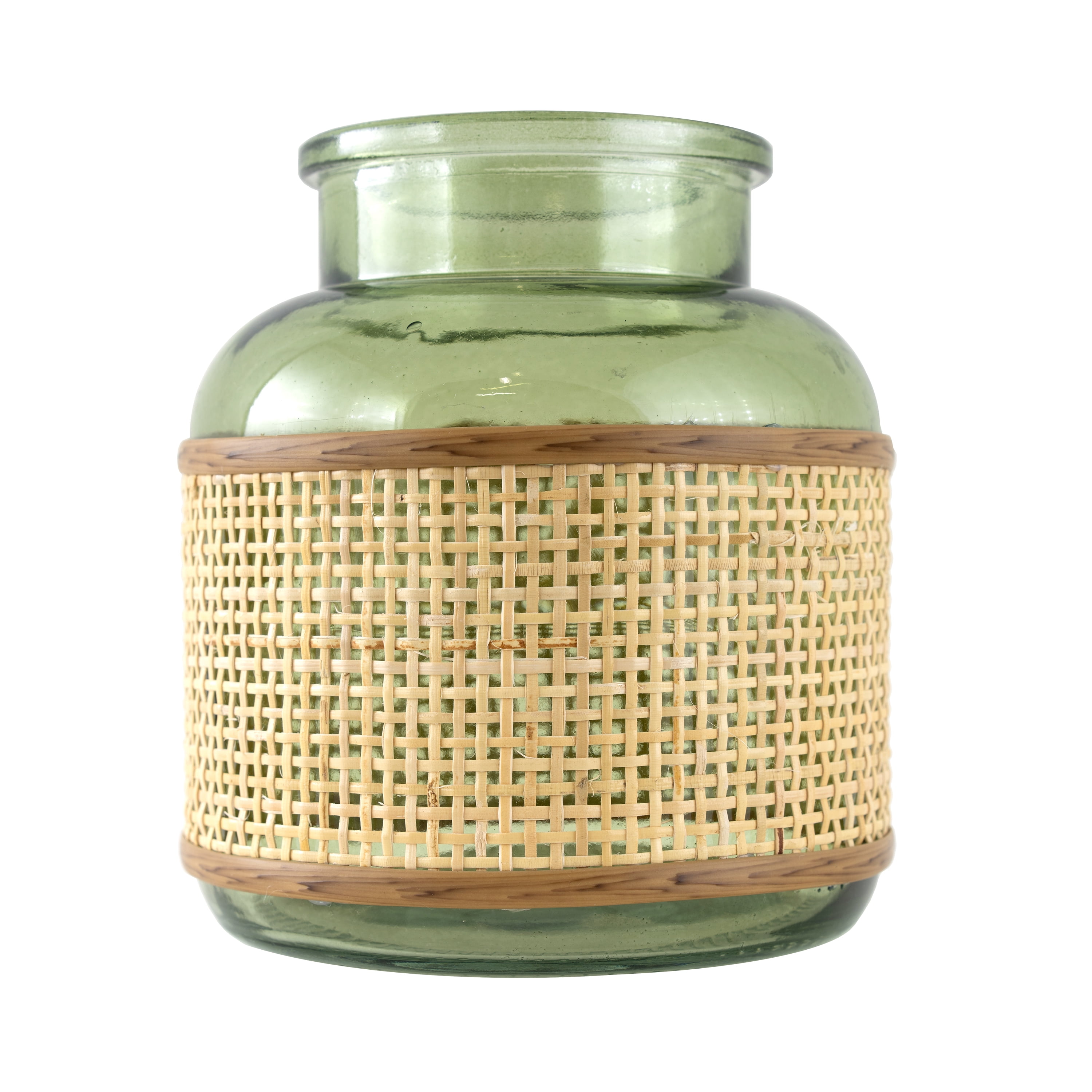 (2 pack) Home Decor Collection 6" Green Translucent Glass Indoor Tabletop Vase with Natural Rattan Caning Wrap