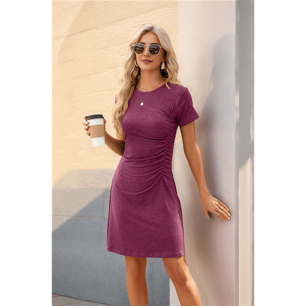 Vestido de Cuello Redondo y Corta Color Vino Tinto S