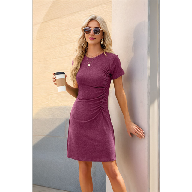 Vestido de Cuello Redondo y Corta Color Vino Tinto XL