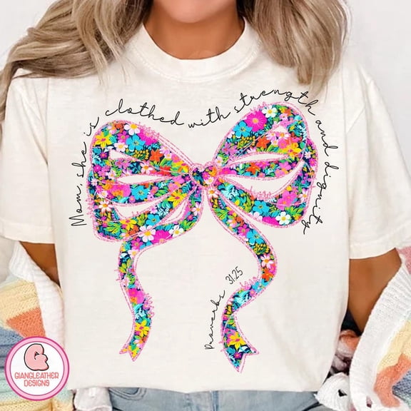 She Is Clothed with Strength and Dignity T-Shirt, Christian Mom Tee with Bible Verse, Preppy Coquette Floral Mother’s Day Shirt