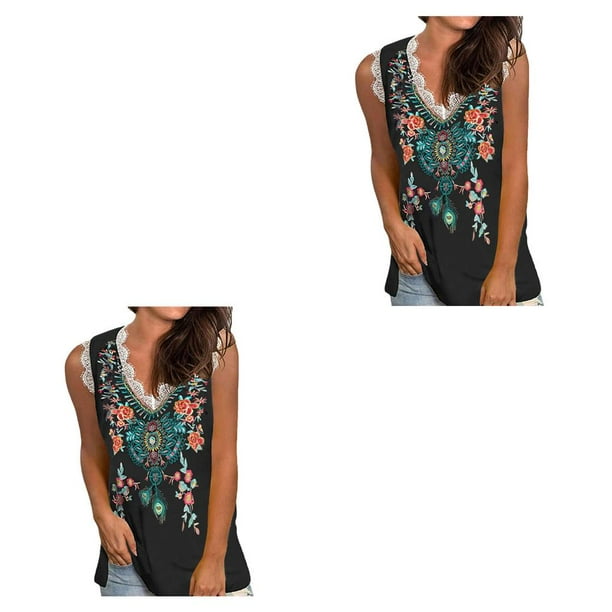 Minnieouse Chaleco de algodón para mujer, camiseta sin mangas estampada para citas, vacaciones en la playa, Top básico de verano, ropa Tipo 1 L 2piezas