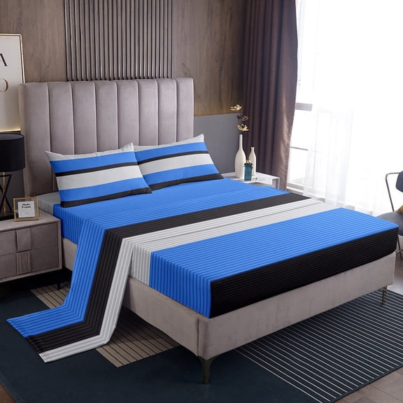 Erosebridal Blue Stripes Sheet Set Twin,Geometric Lines Bedding Sets Twin Size,Geometric Theme Twin Sheet Sets,Ultra Soft Abstract Room Decor,3pcs