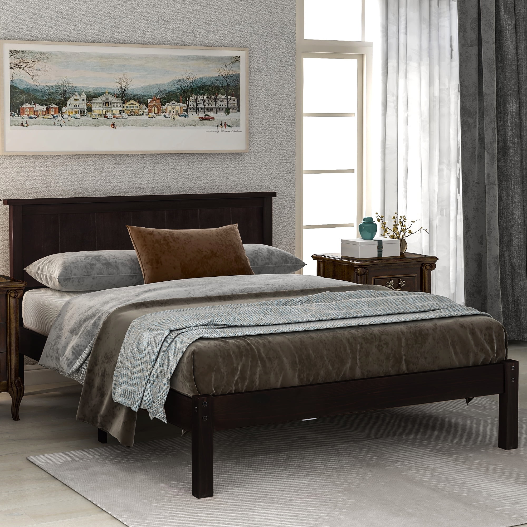 Brown Wood Bed Frames for Full Size, Modern Platform Bed Frame with